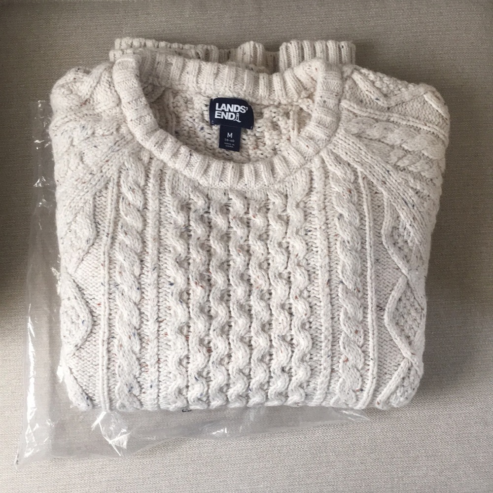 Lands’ End Men's Cotton Blend Aran Cable Crew Neck Sweater